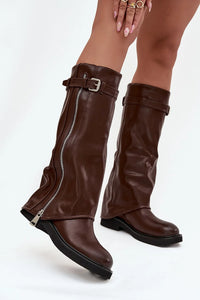 Bottes cuissardes éco cuir marron élégantes modernes boucle argentée mode hiver femme tendance