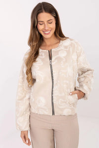 veste bomber femme beige zippée col rond manches longues bouffantes appliqués floraux relief velouté effet suédine polyester élasthanne