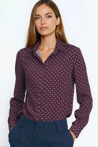 chemise viscose pois prune rosepale fluide satinee semiajustee manches longues col classique boutons tonales poignets boutonnes coupe semielegante bureau automne