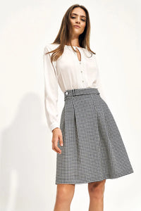 jupe femme trapèze taille haute pieddepoule noir blanc genou ceinture bouton tissu tissé structuré plis souples élégante bureau quotidienne