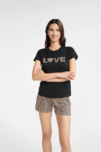 Pyjama coton noir brun caramel motif animalier LOVE t-shirt manches courtes short droite col rond femme
