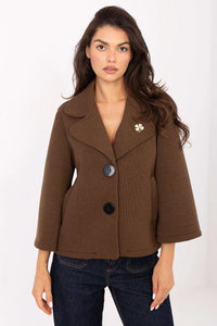 manteau court femme élégant transition automne hiver mélange polyester viscose elasthanne structuré lisse confortable revers boutons poches manches troisquarts broche