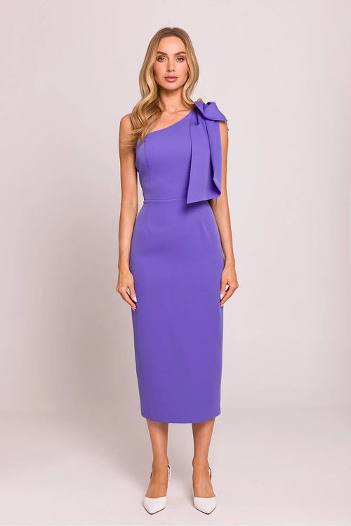 Robe de cocktail élégante asymétrique sans manches épaule nouée taille ajustée couleur violet vif en polyester et élasthanne femme