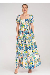 robe longue maxi bohèmechic estivale coton élasthanne manches ballon courtes encolure carrée buste cintré jupe ample plissée imprimé mosaïque multicolore