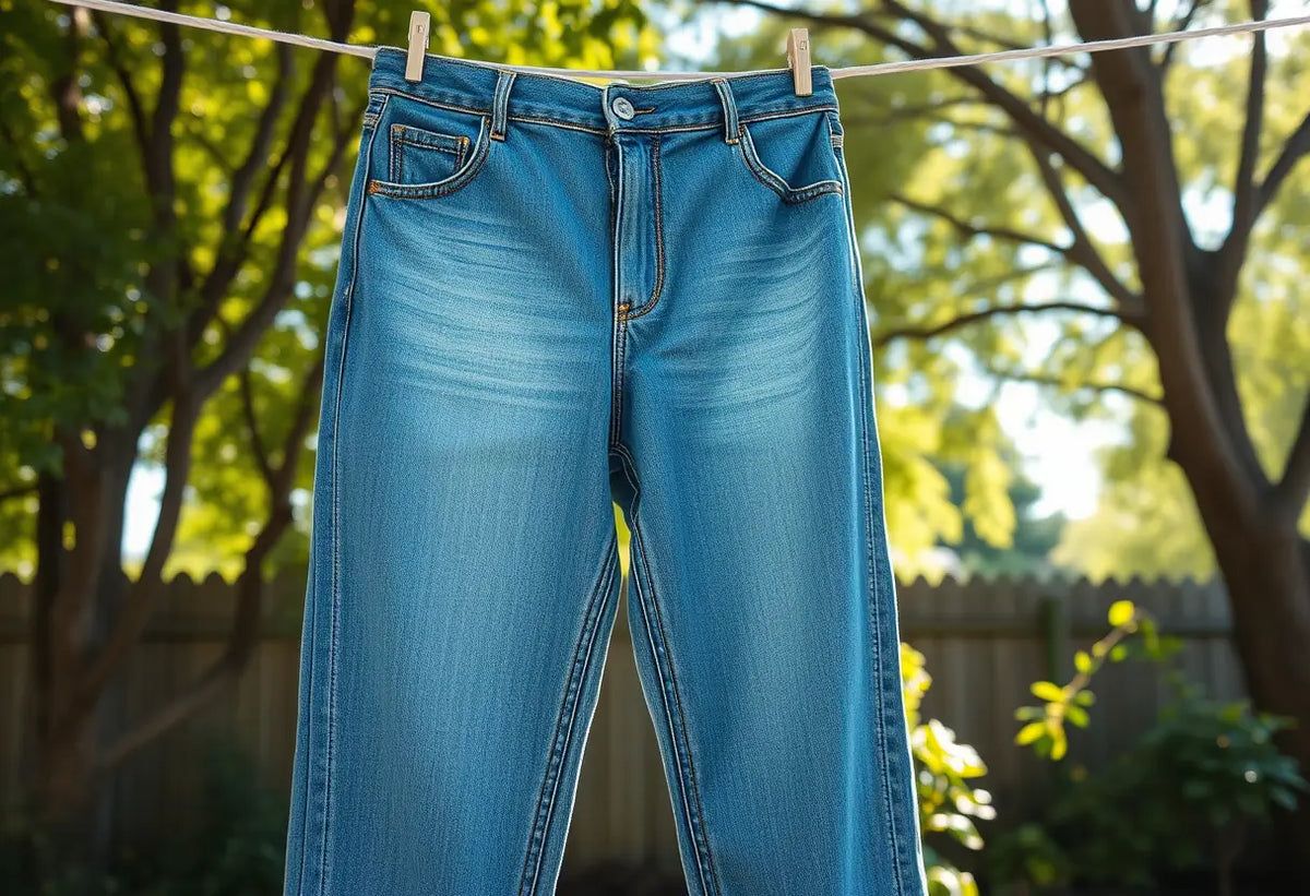 Un pantalon en jean accroché sur une corde à linge sous le soleil filtre par les arbres, après avoir été trempé dans un seau d'eau tiède avec du shampoing doux.