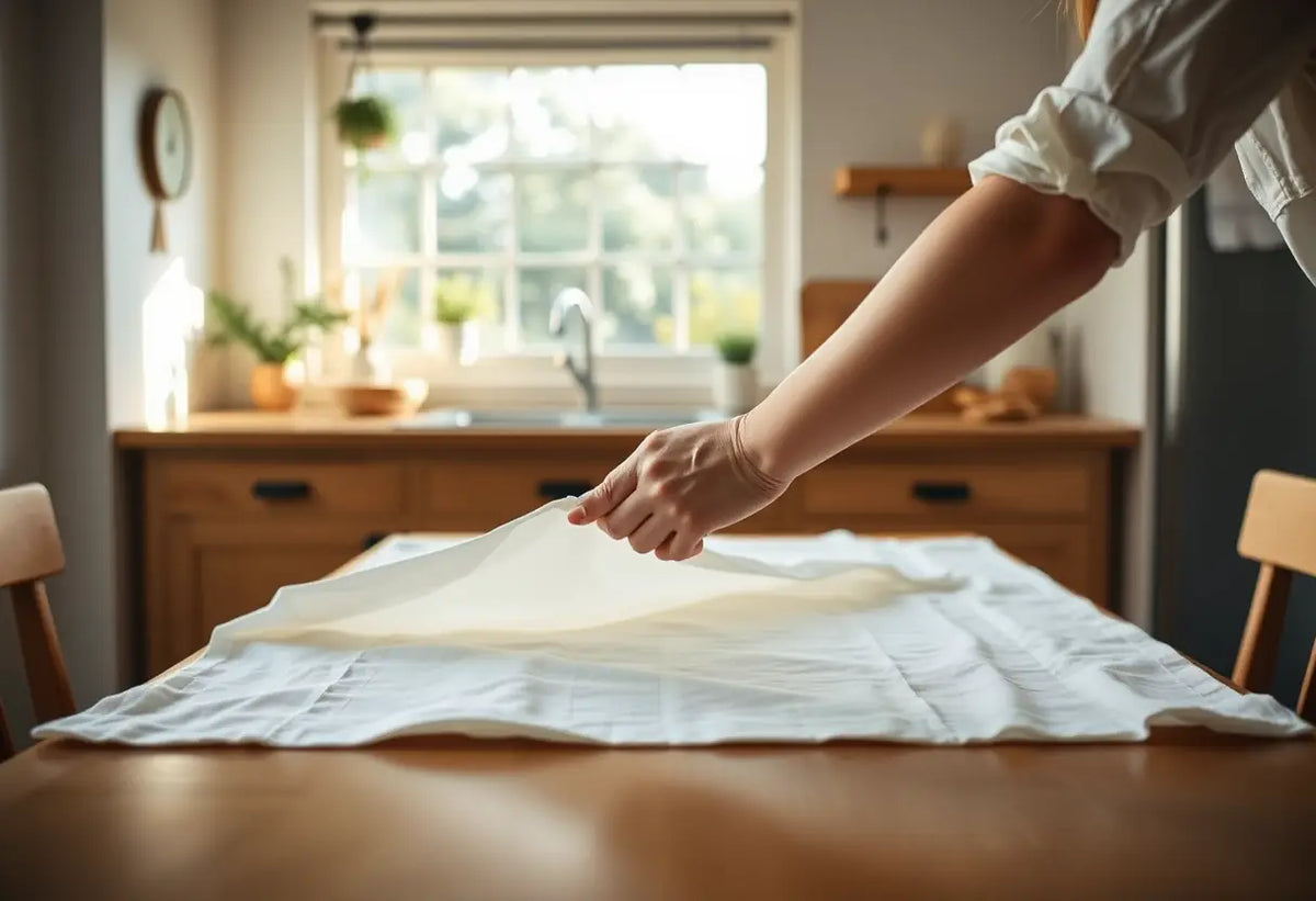 Maination d'une pièce de tissu sur une table de cuisine