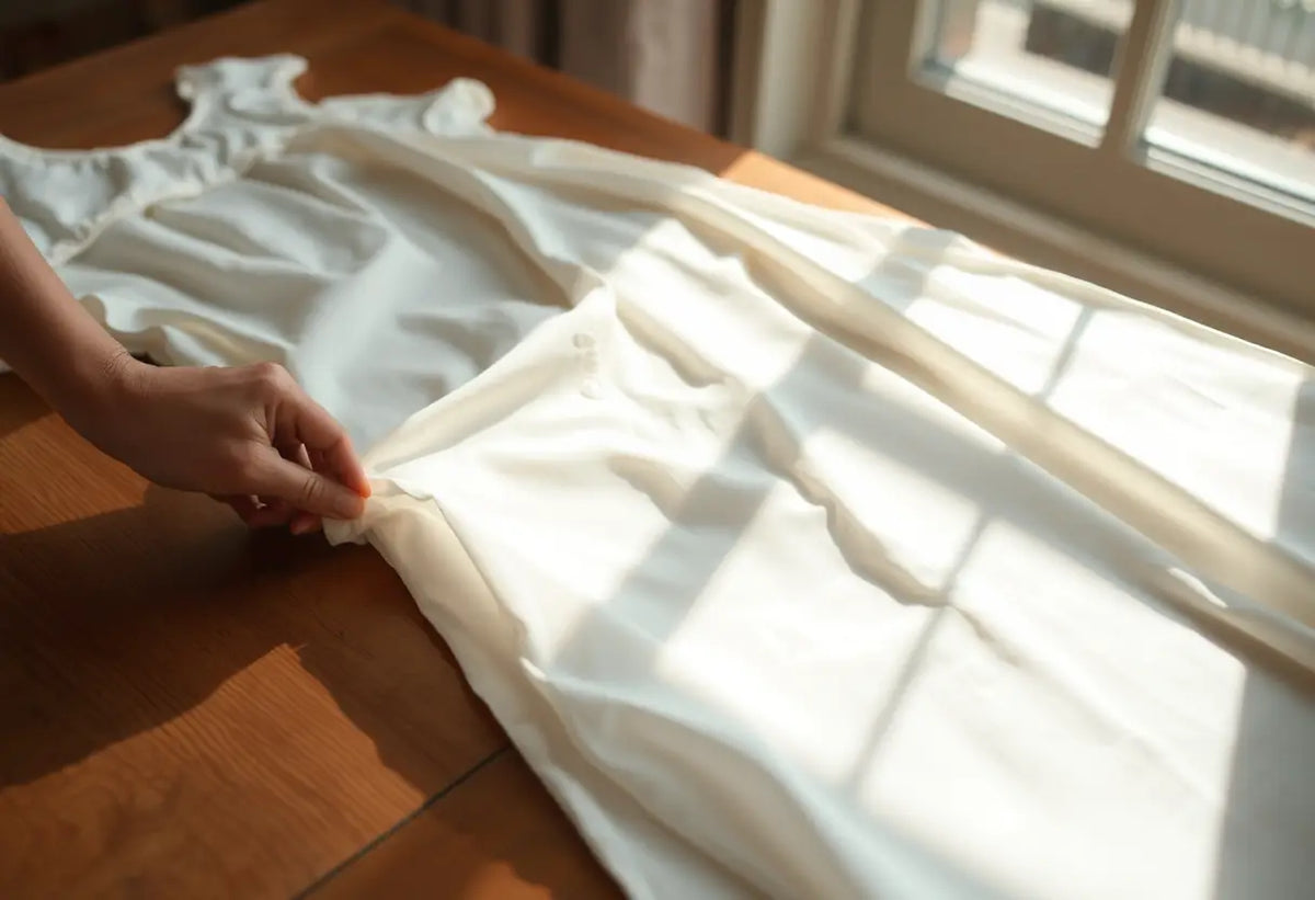 Une main tire délicatement sur le bord d'une robe en polyester