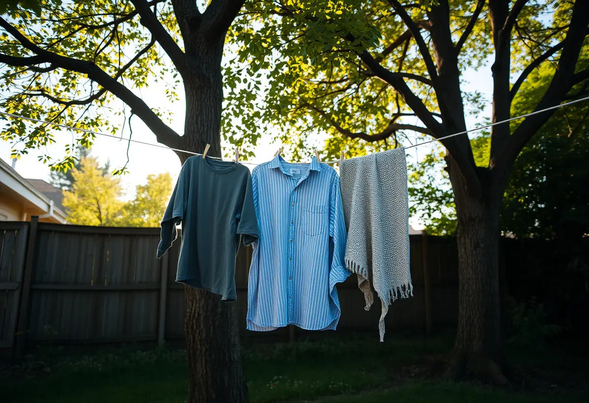 Un fil à linge dans un jardin, où des vêtements sèchent, y compris une chemise étirée.