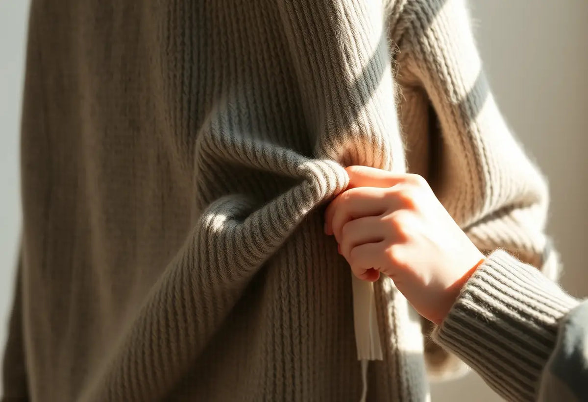 Une main ajustant délicatement une couture sur un pull en laine