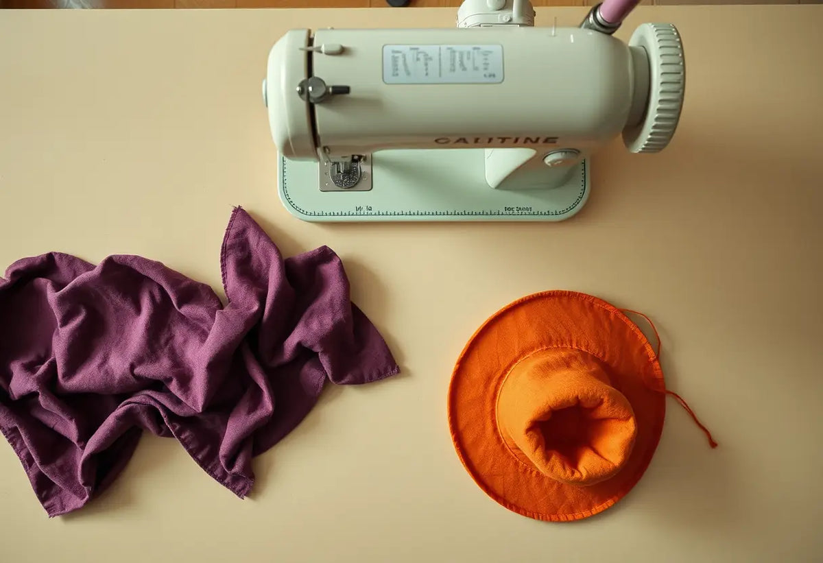 D'en haut, une machine à coudre sur une table avec des restes de tissus, dont un en forme de chapeau près de la machine