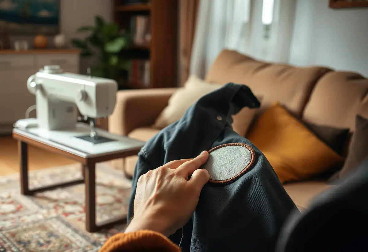 Une main coud soigneusement un empiècement sur un manteau dans un salon accueillant, une machine à coudre est à côté.