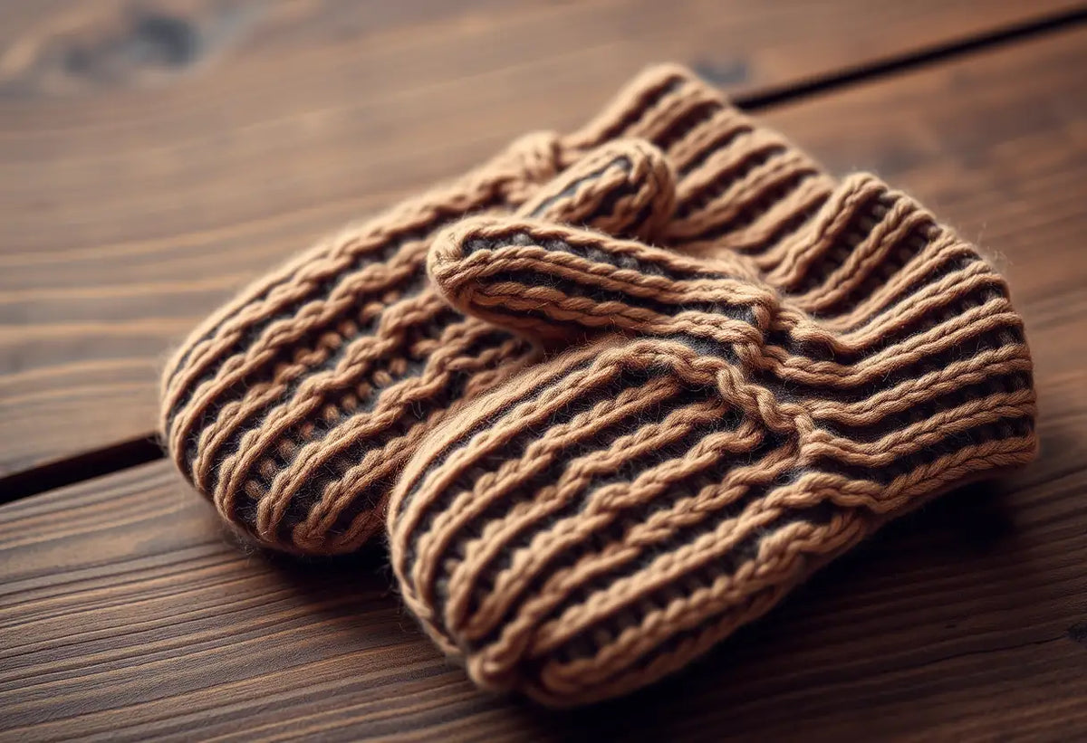 Un paire de mitaines tricotées posées sur une table en bois.