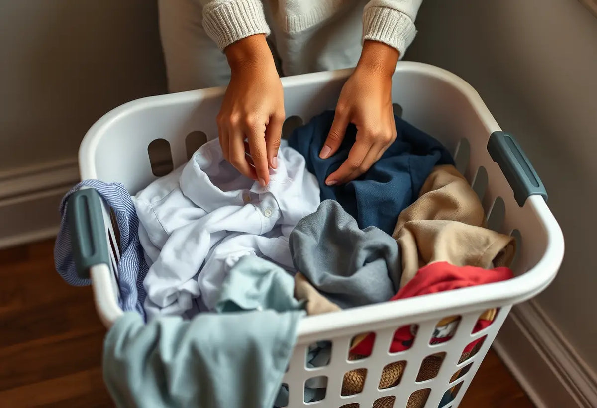 Des mains choisissent des vêtements pour la lessive