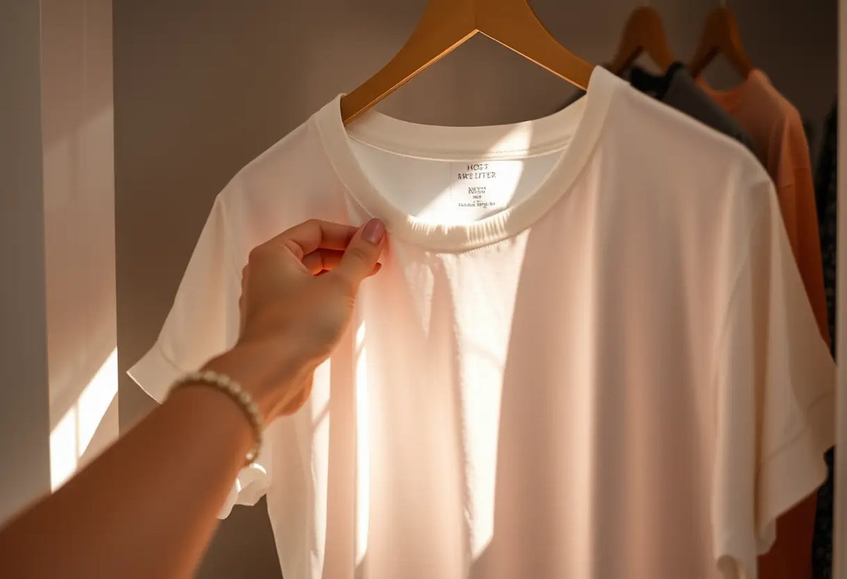 Une main plie délicatement un T-shirt dans un placard, éclairé par la lumière du jour.