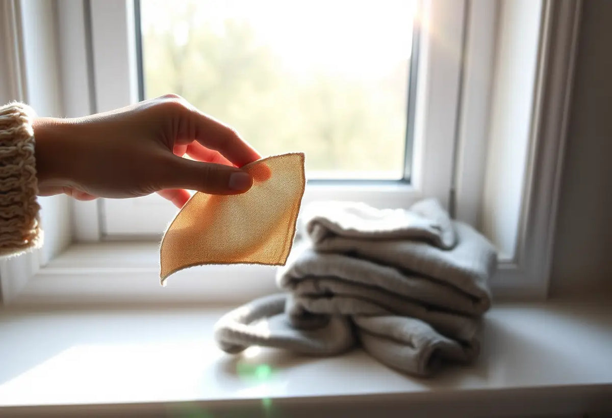 Main de femme tenant un échantillon de tissu près d'une fenêtre, avec des pulls pliés à côté.