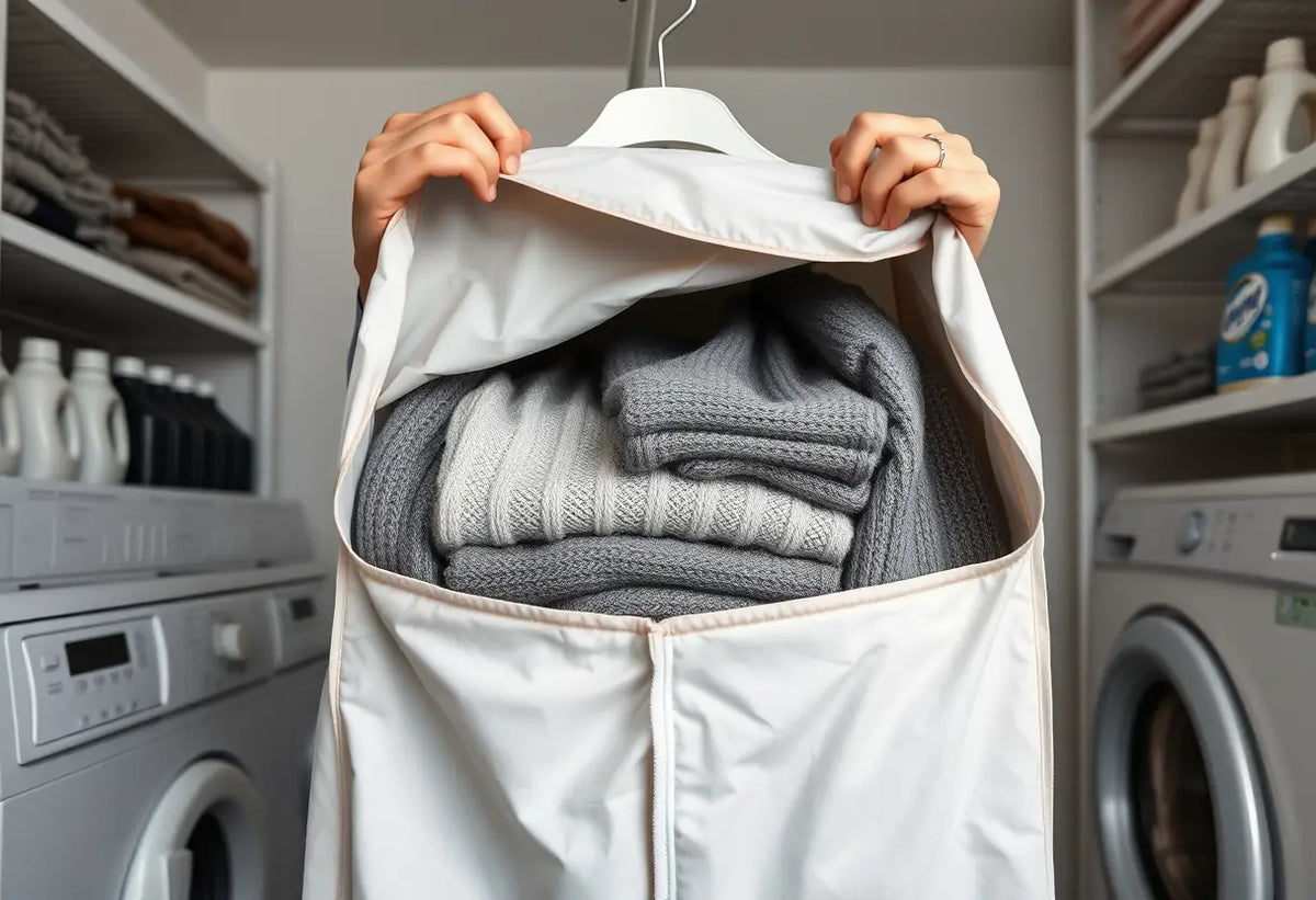 Des mains déplient un sac de linge contenant des pulls dans une pièce de lavage