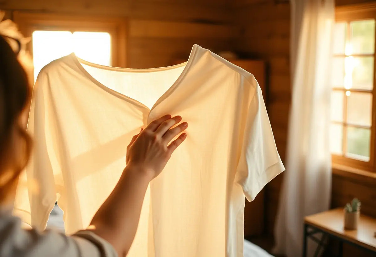 Une main qui repasse un chemisier en coton sur une corde à linge dans une chambre