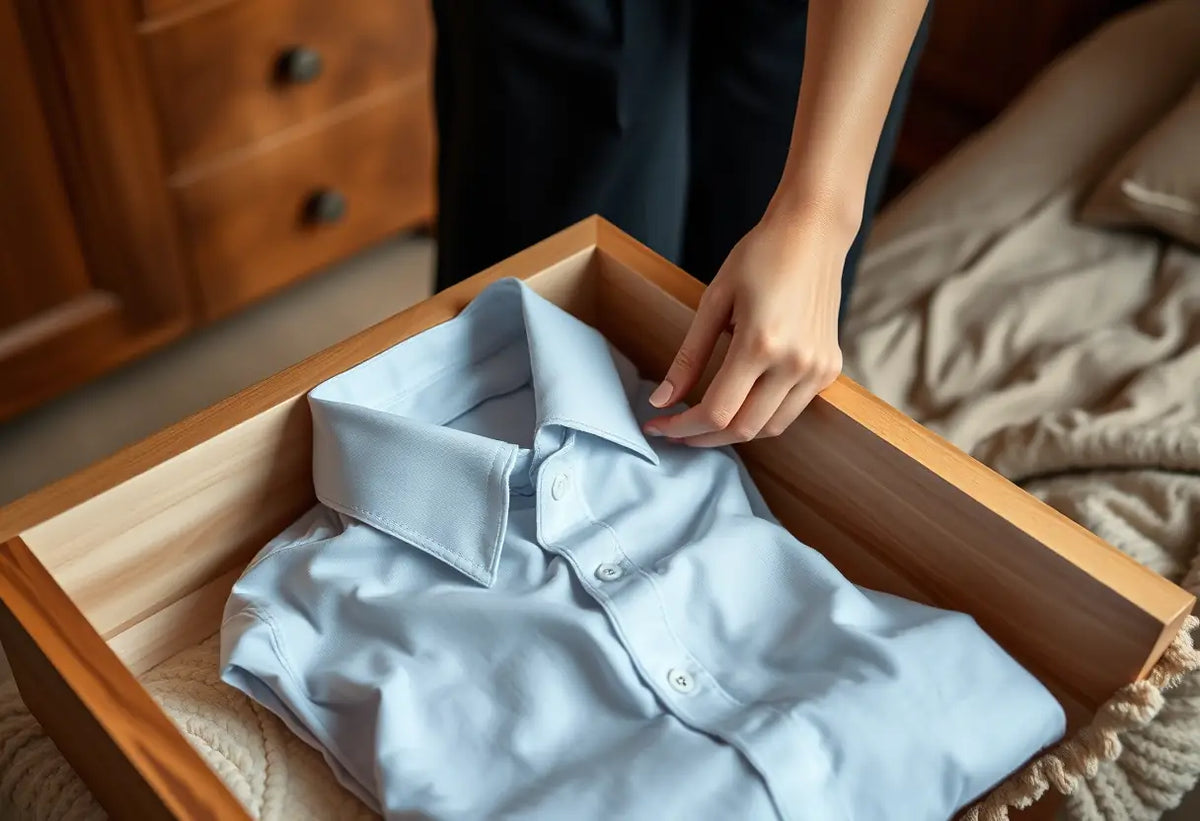 Une main plie soigneusement un t-shirt en coton dans un tiroir de commode en flanelle, dans une chambre douillette