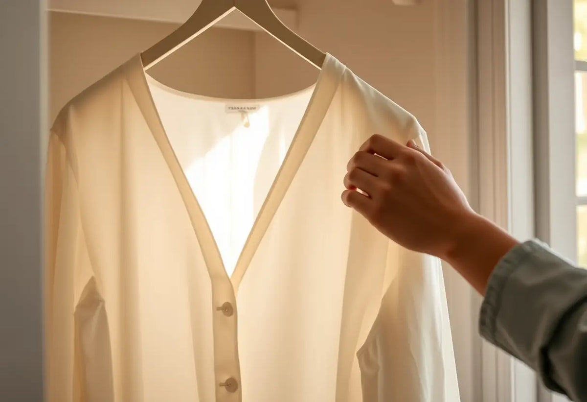 Une main lisse un chemisier en coton dans un placard