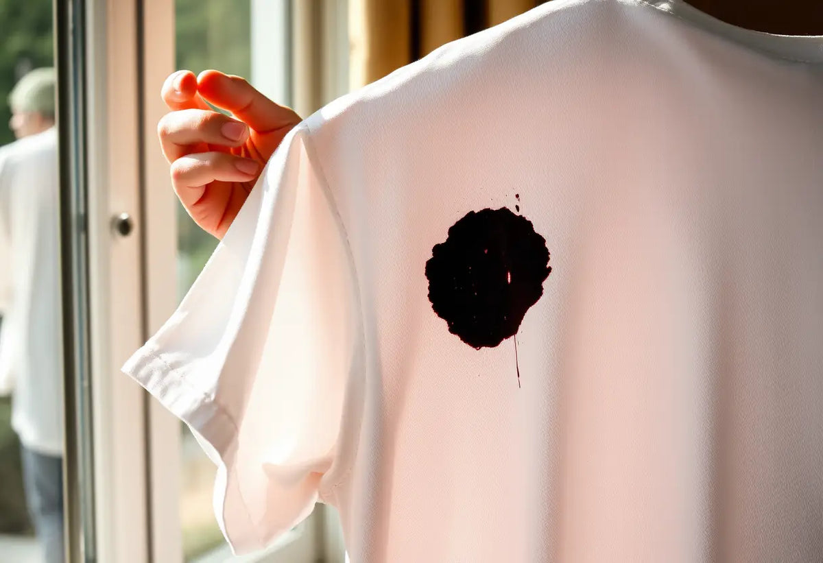 Main tenant un tee-shirt blanc sali par de l'encre noire, sous la lumière du jour