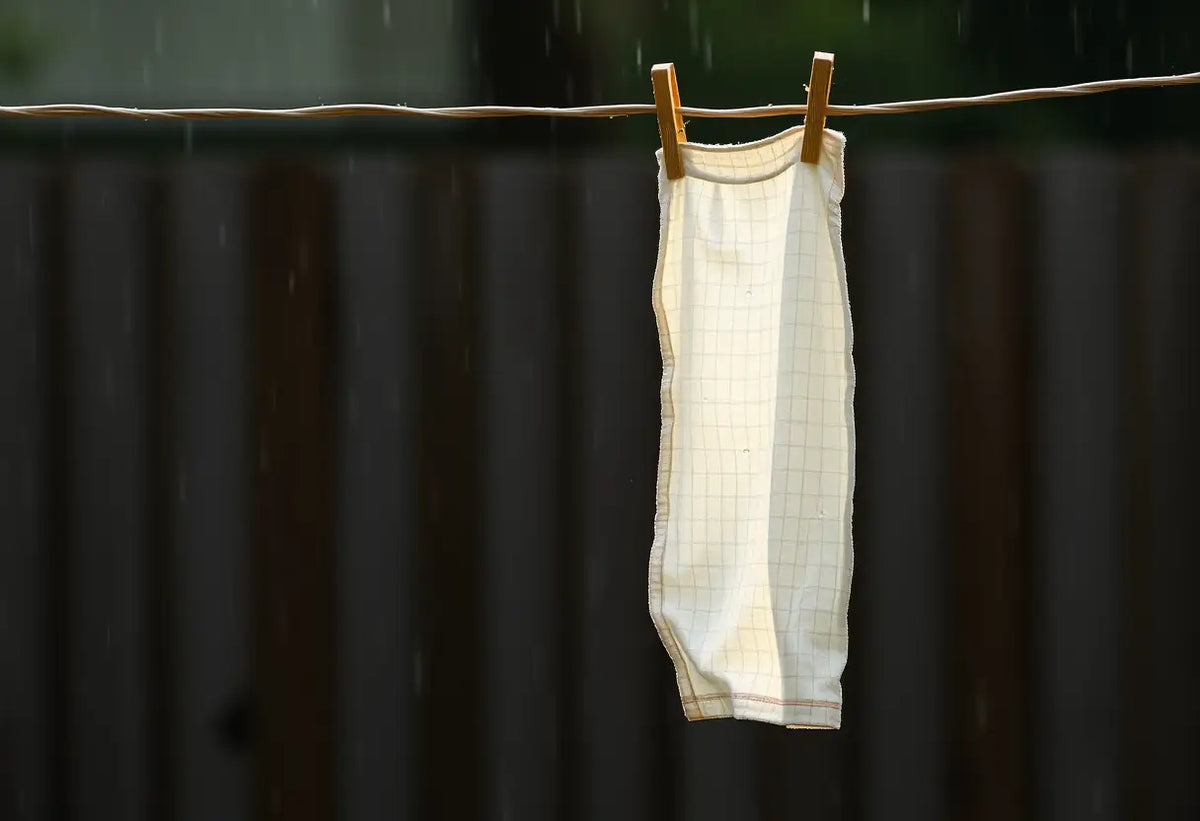 Un slip en coton pend à une corde à linge en extérieur après la pluie.