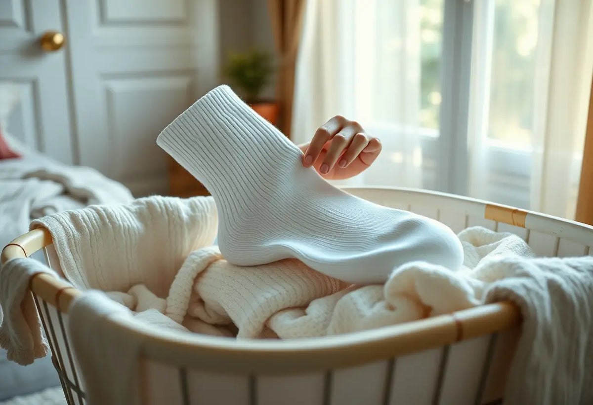 Des mains qui replient un bas dans une corbeille à linge