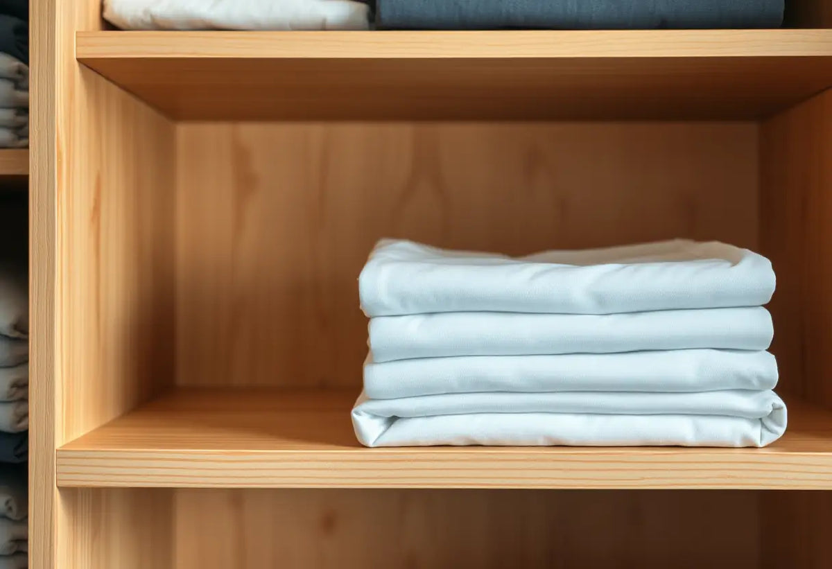 Un tas bien rangé de tee-shirts en coton dans une armoire organisée