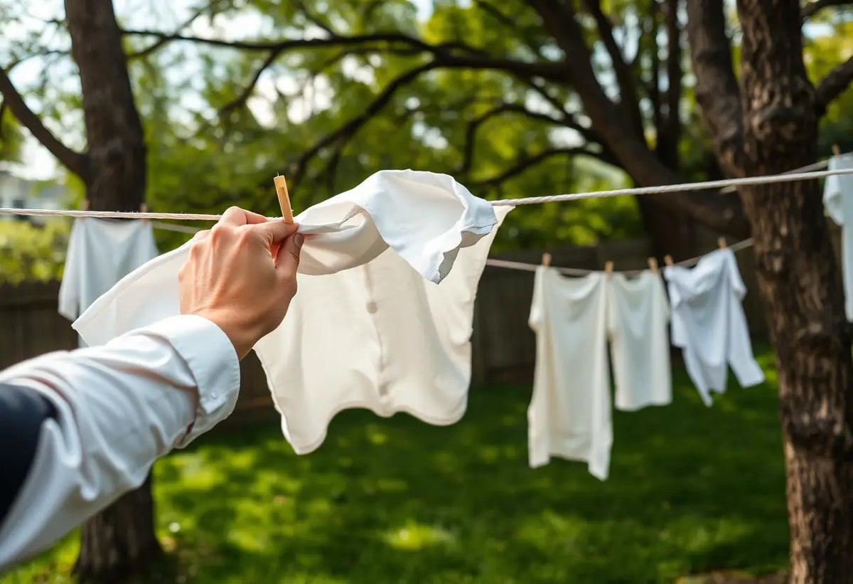Des mains fixant une chemise blanche à une corde à linge entre deux arbres dans un jardin