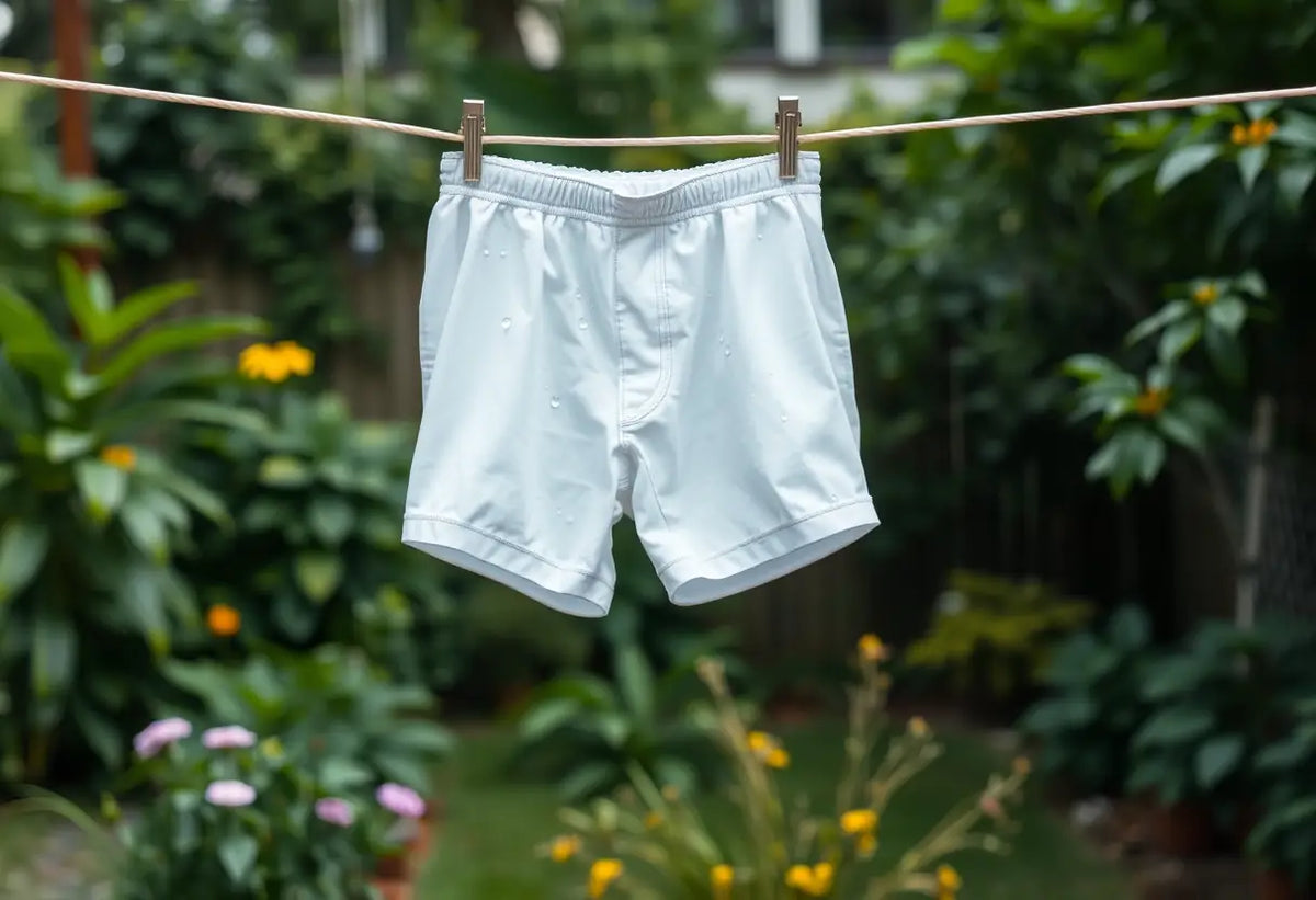 Un boxer blanc suspendu sur une corde à linge dans un jardin arrière, avec des gouttes d'eau qui brillent sur le tissu