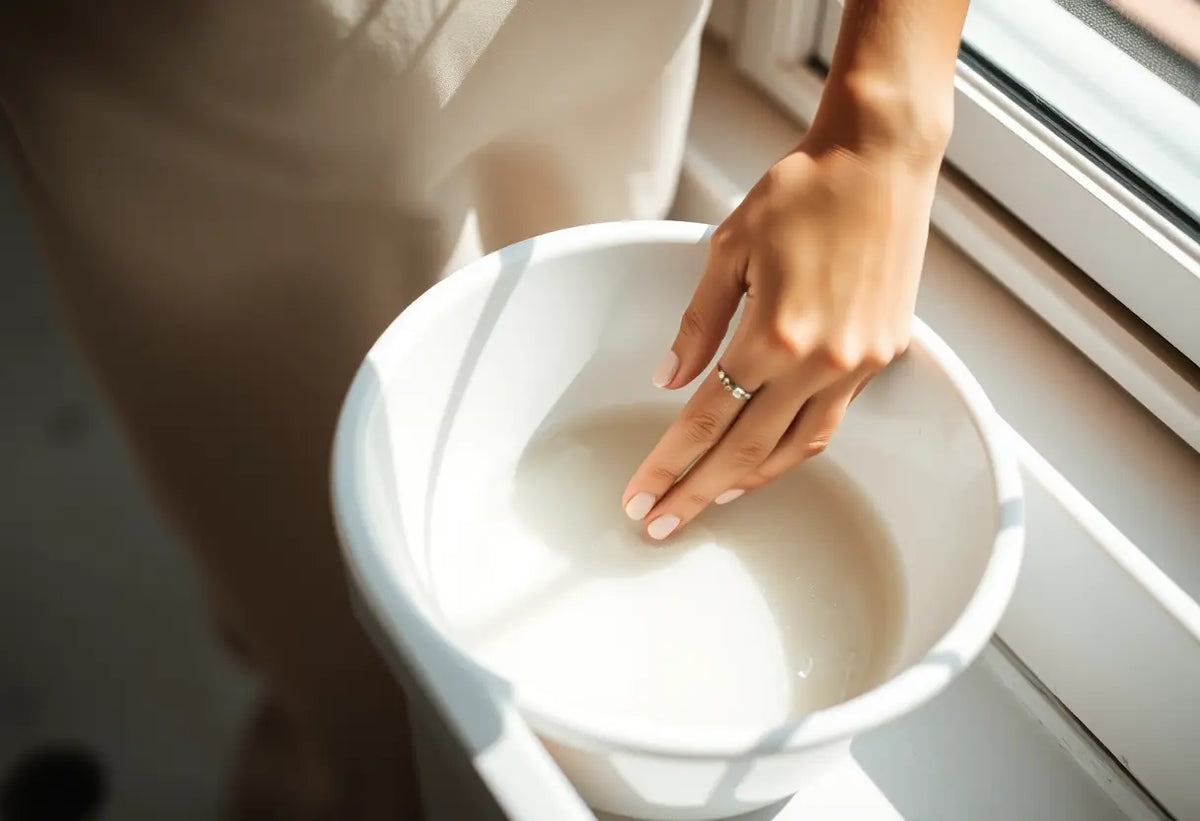 mains d'une femme qui mélange du bicarbonate de soude dans un bol en porcelaine blanche