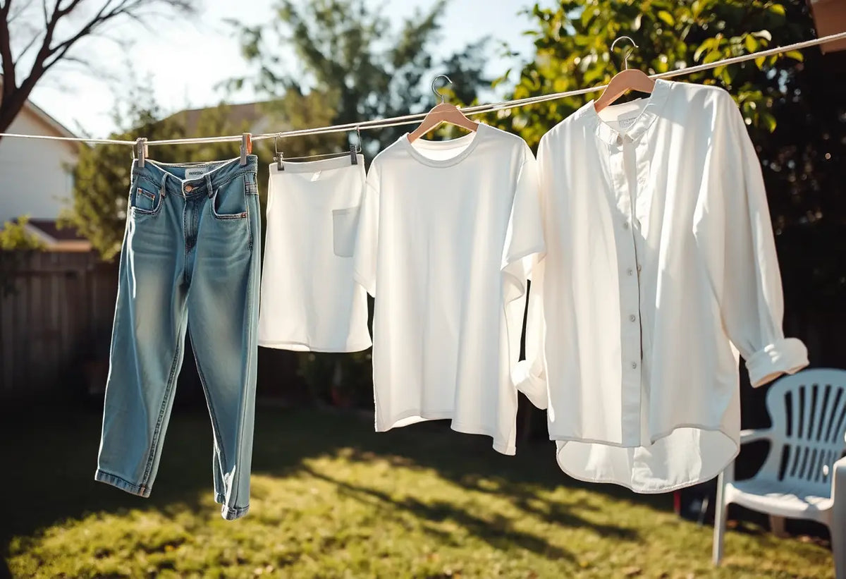 Un cintre dans un jardin arrière avec plusieurs vêtements blancs en train de sécher sous le soleil de l'après-midi