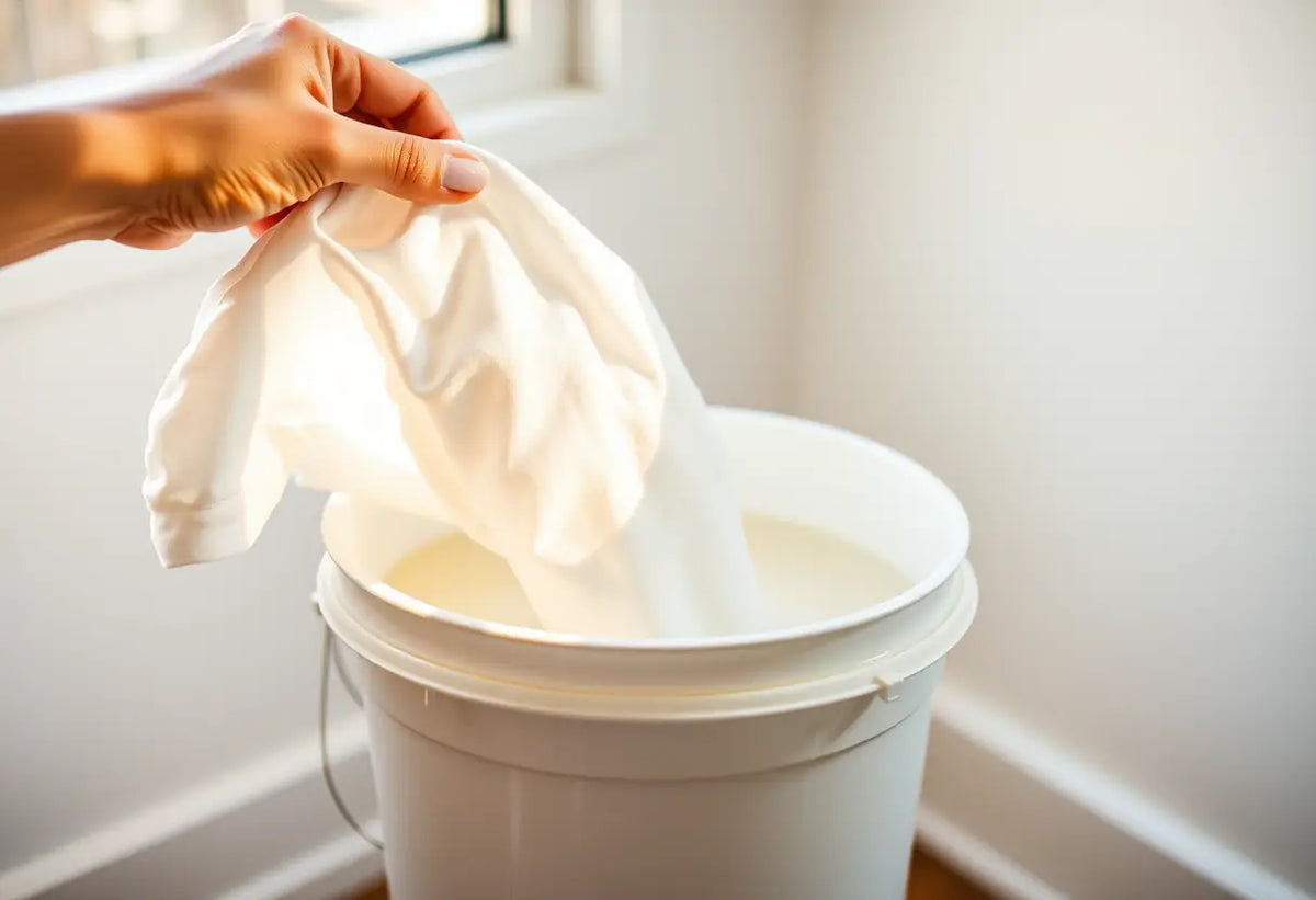 Une main plonge une chemise blanche dans un seau contenant un mélange de bicarbonate de soude et d'eau.