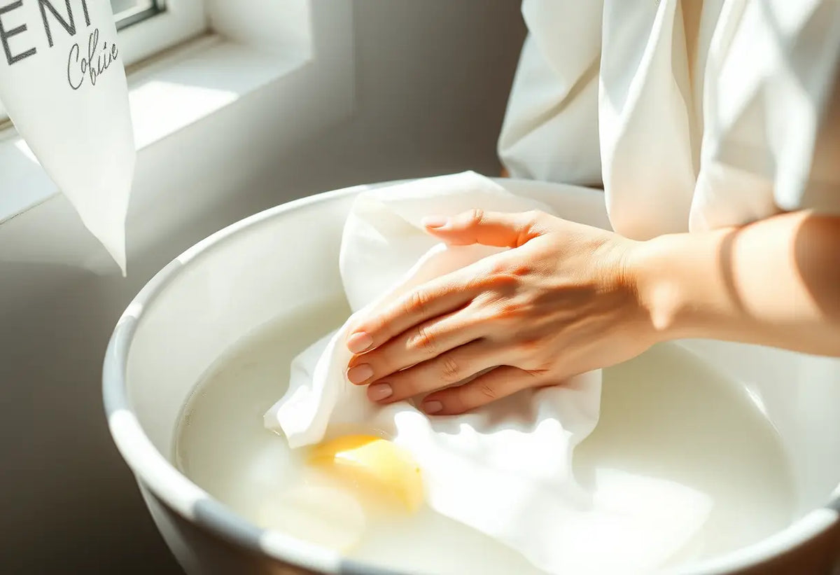 une main féminine frotte délicatement une blouse blanche dans un seau rempli d'eau et de jus de citron, éclairée par la lumière du jour qui filtre à travers une fenêtre