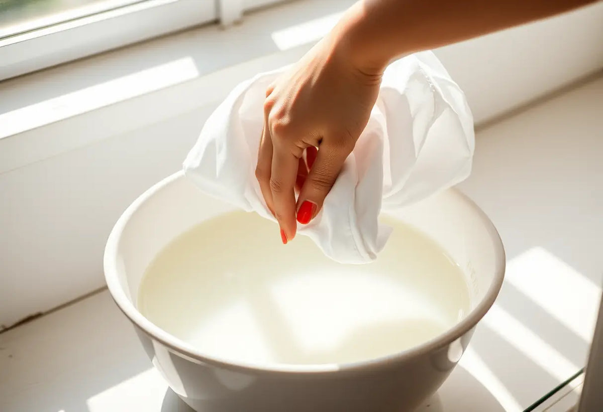 Une main plonge un tee-shirt blanc dans un récipient rempli de vinaigre dilué.