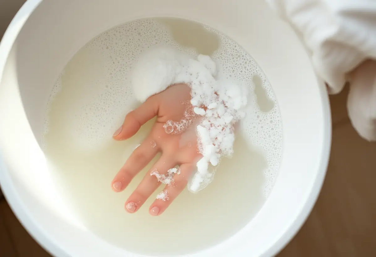 Main de lavage d'une chemise blanche dans un bol avec du bicarbonate de soude