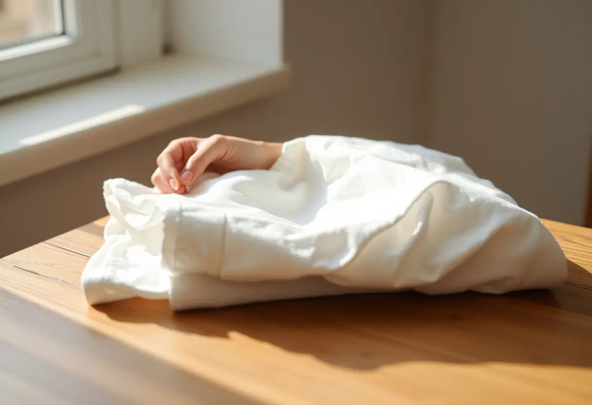 Une main plie délicatement un tee-shirt blanc sur une table en bois, lumière du matin.
