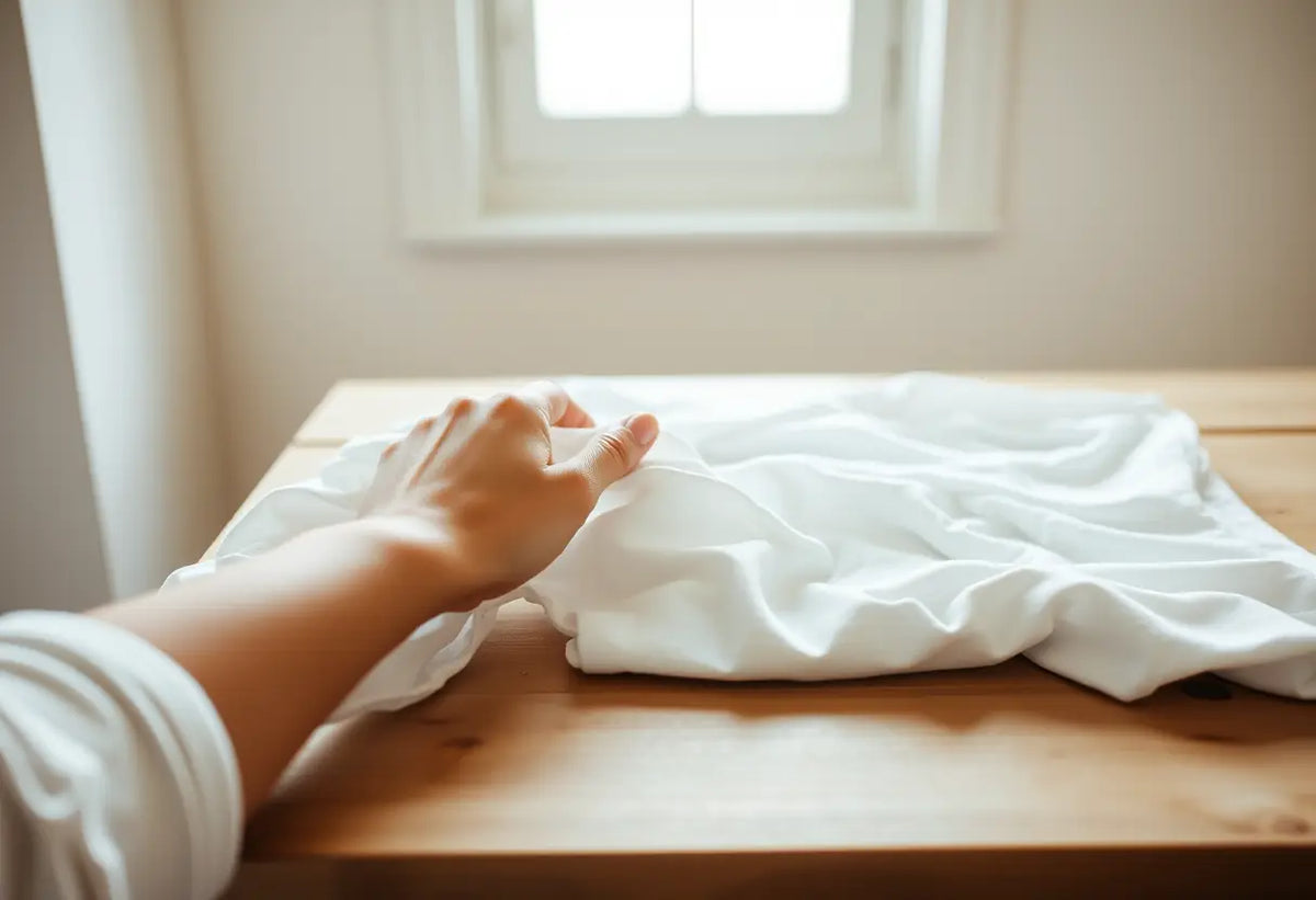 Une main plie doucement un tee-shirt blanc sur une table de lavage.