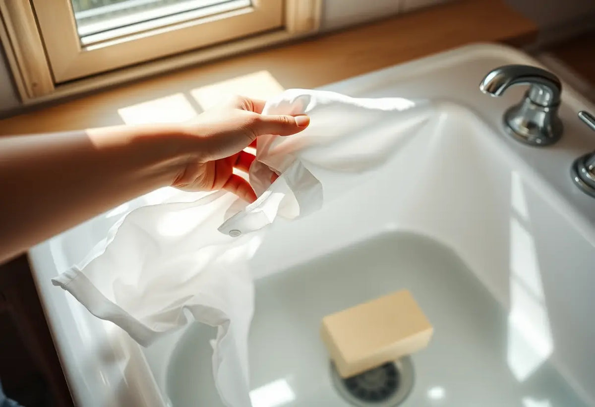 Une main tenant une chemise blanche dans un seau à lessive