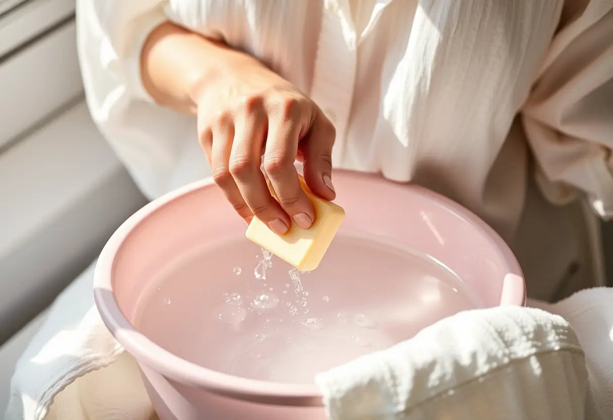 Une main verse du savon dans un bol d'eau près d'un vêtement en polyester