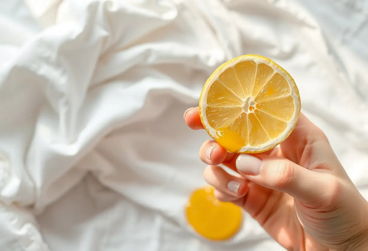Une main tenant une tranche de citron au-dessus de vêtements blancs étendus sur une table de repassage