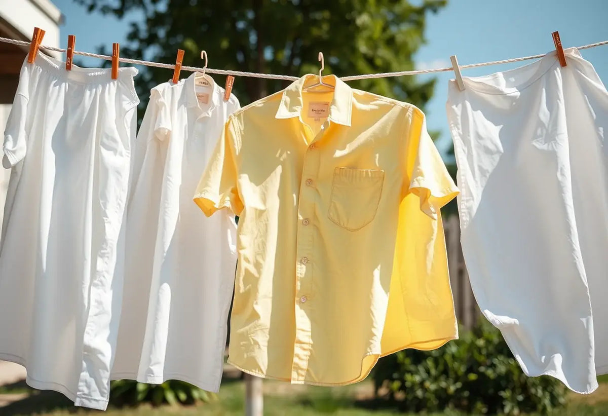 Des vêtements étendus sur une corde à linge, l'un d'eux jauni après avoir été lavé avec trop de javel.
