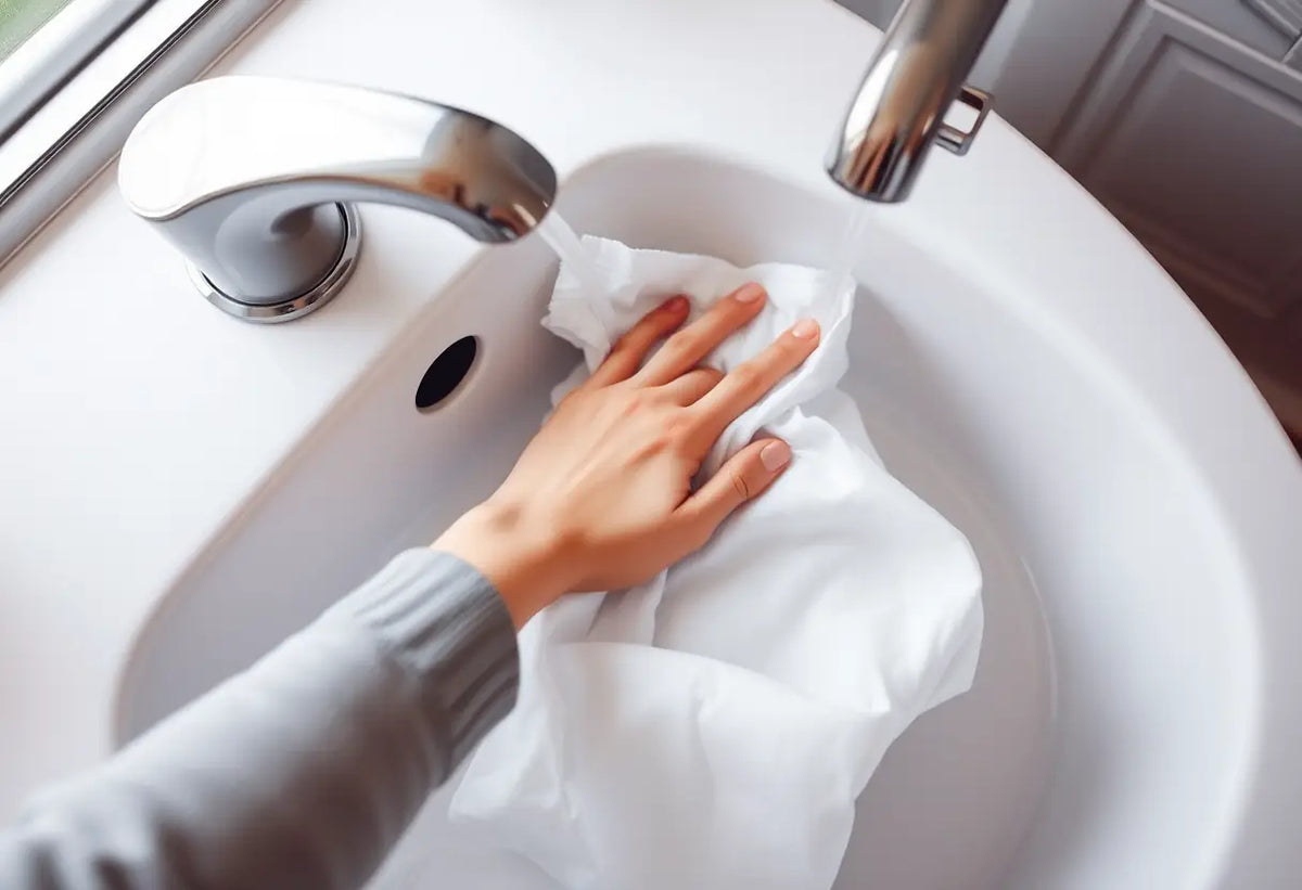 Une main qui frotte doucement un T-shirt blanc dans un lavabo