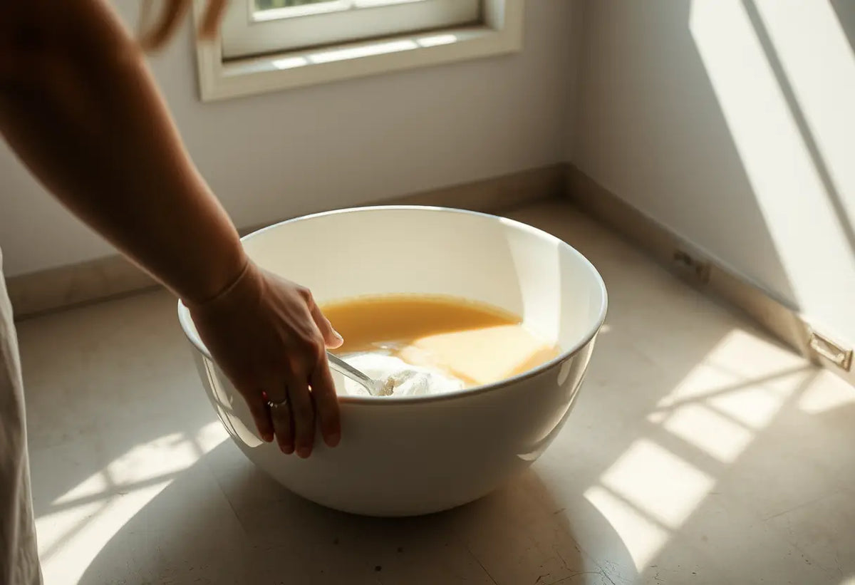 Une main féminine mélange délicatement un mélange dans un grand bol rempli d'eau pour blanchir un vêtement.