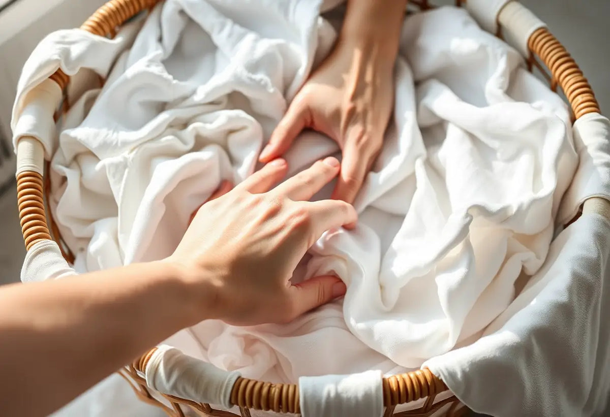 Une main féminine plonge dans un panier à linge rempli de t-shirts blancs et de torchons.