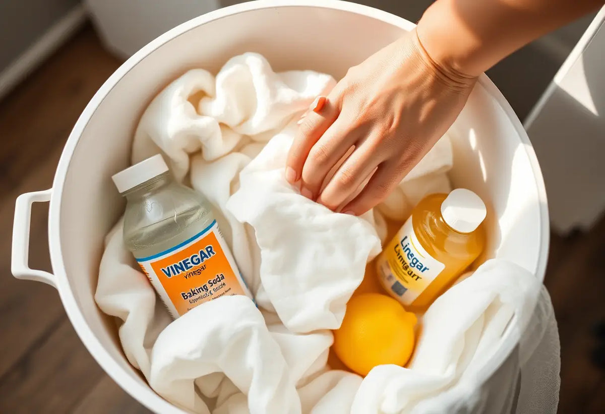 Main de femme mélangeant des linges blancs dans un seau avec des ingrédients de blanchiment.