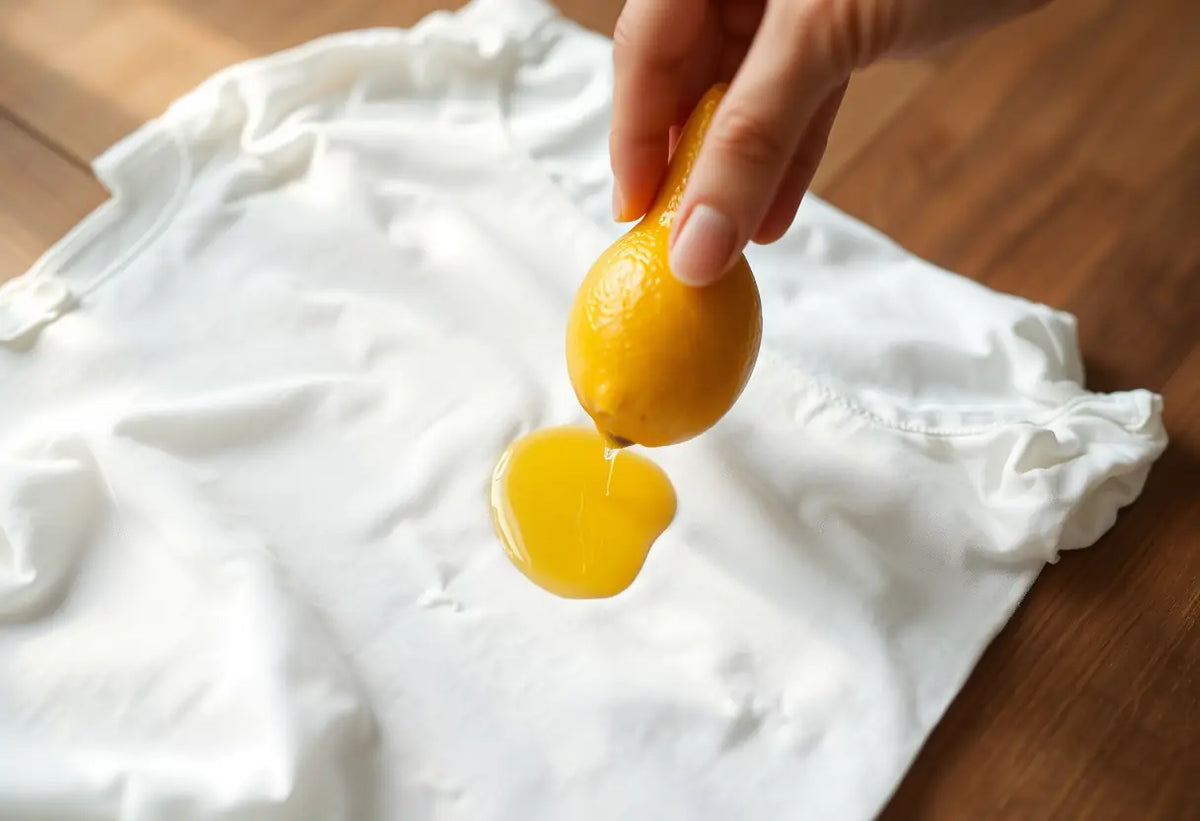 Un citron pressé au-dessus d'une chemise blanche posée sur une table en bois