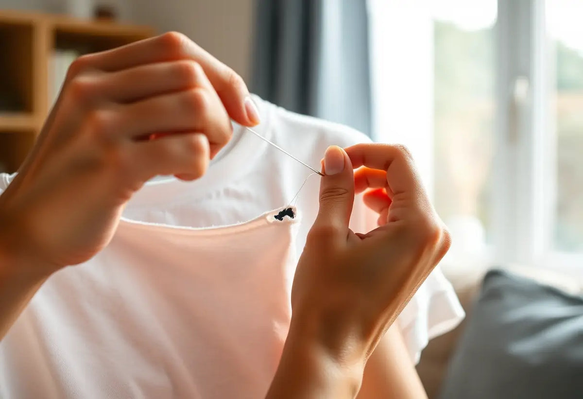 Main dans les coutures d'un trou dans un t-shirt, prête à coudre