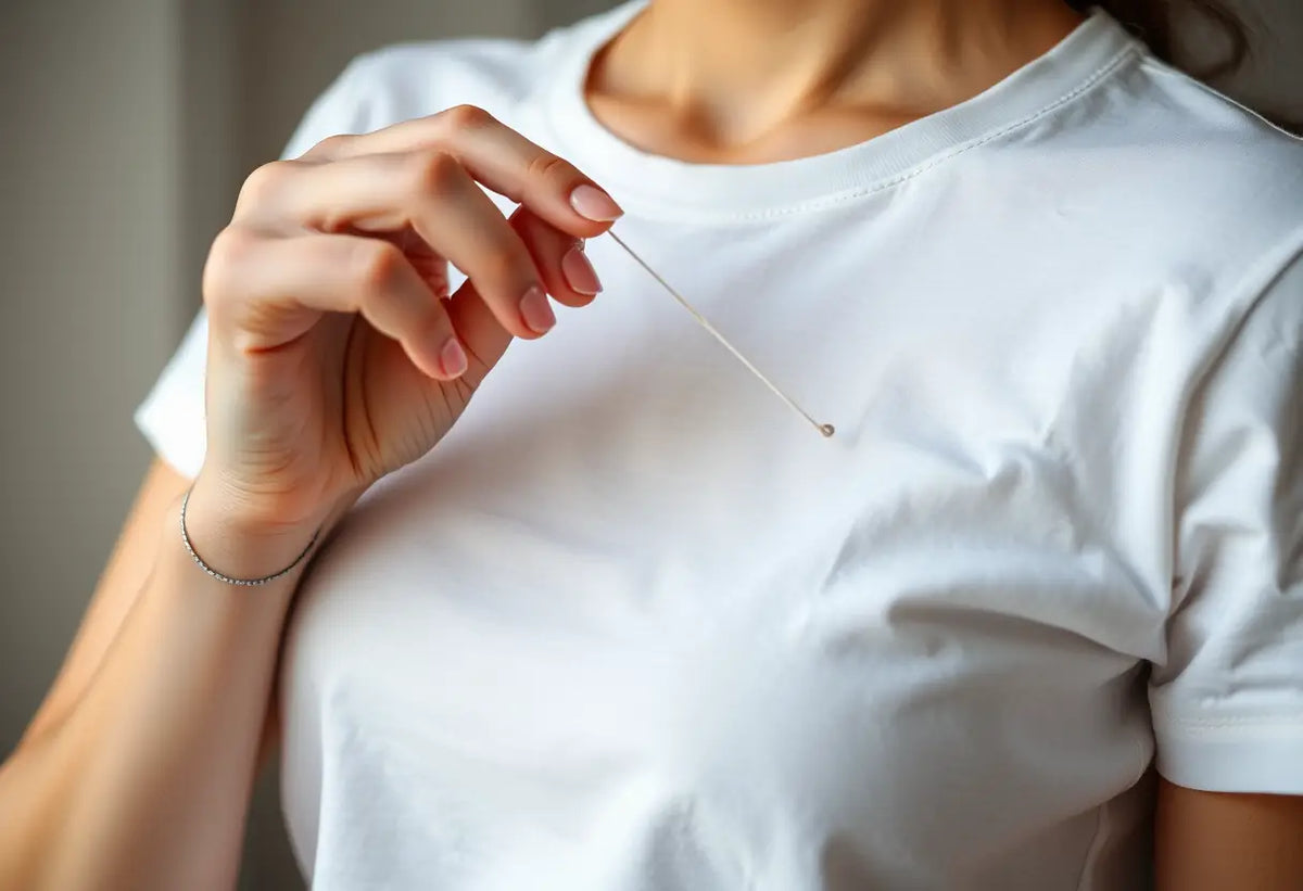 Une main prépare une aiguille pour broder un T-shirt en coton