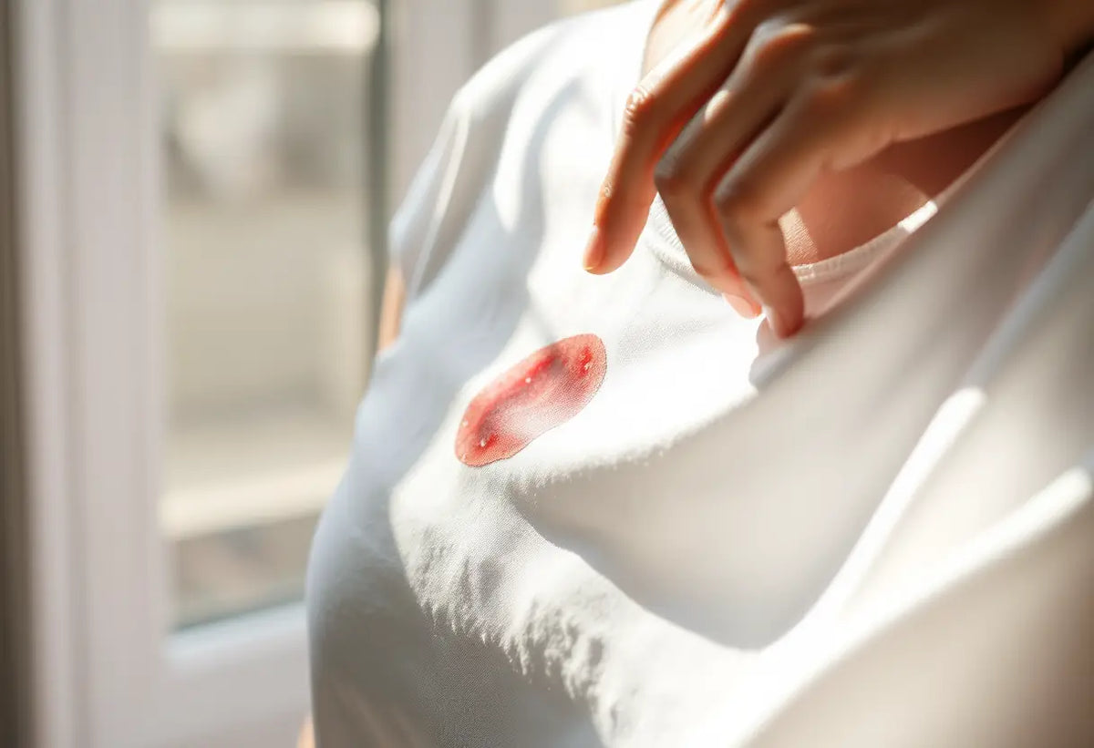 Main du femme pressant délicatement une tache sur un chemisier en coton