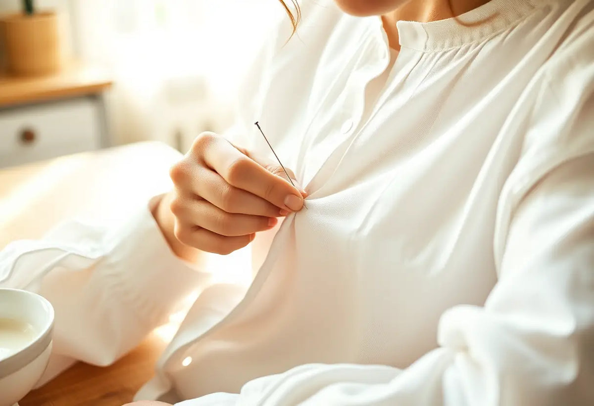 Une main féminine répare un petit trou dans une blouse en coton, en cuisine.